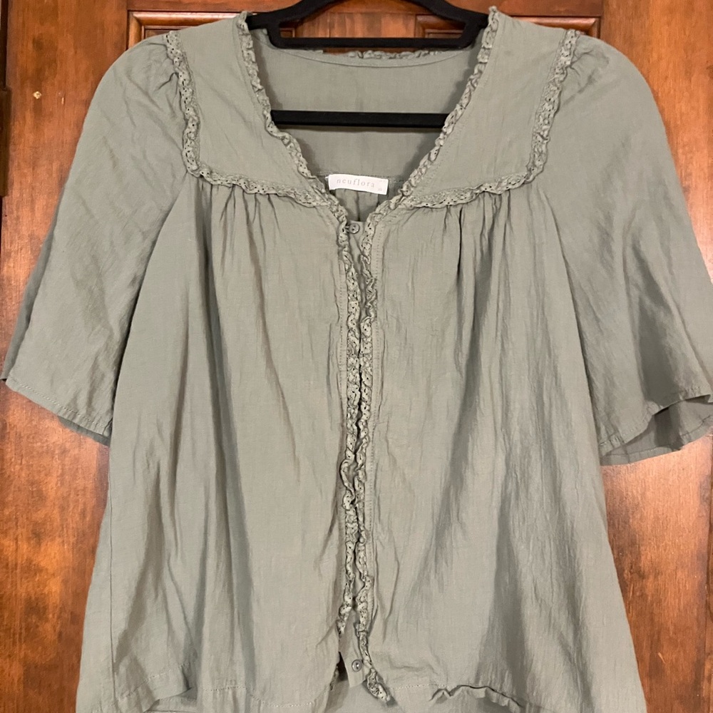Eri + Ali Sage Green Ruffle-Trim Blouse